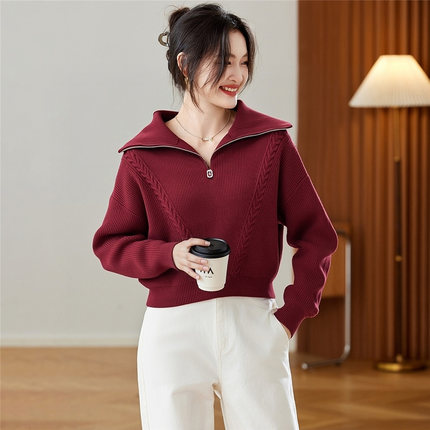 针织衫女短款麻花拼接拉链翻领两穿古西红早春慵懒通勤显瘦毛衣