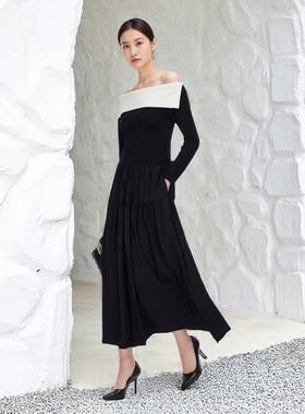 时尚黑色长裙25秋季新含绵羊毛桑蚕丝显瘦气质撞色一字领连衣裙女