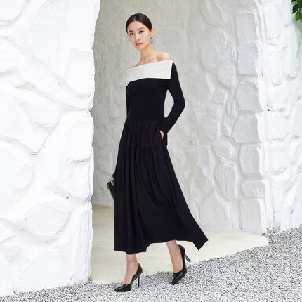 时尚黑色长裙25秋季新含绵羊毛桑蚕丝显瘦气质撞色一字领连衣裙女