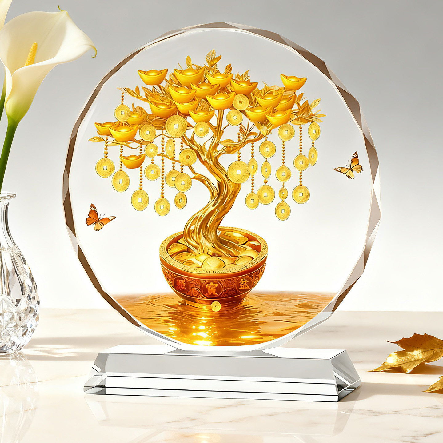 新中式博古架玄关招财树水晶摆件金币蝴蝶装饰桌面工艺品大吉大利,家居饰品,桌面摆件,淘宝优惠券,粉丝福利购,淘宝优惠卷