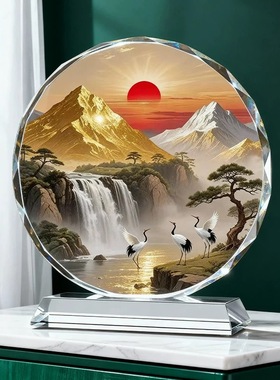 新中式水晶圆形山水仙鹤摆件