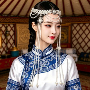 民族风蒙古头饰流苏发饰头饰女舞蹈演出白色头饰蒙古袍表演头饰女