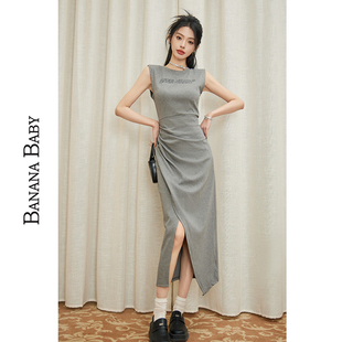 BANANA 连衣裙女开叉长裙 BABY复古通勤显瘦无袖