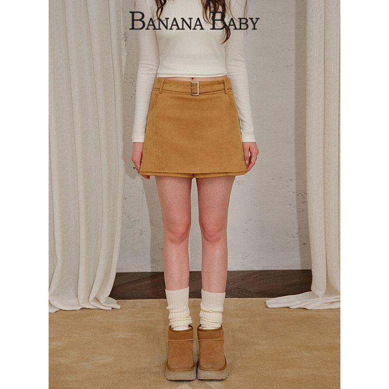 BANANA BABY2025年冬季新款复古感仿麂皮绒A字裙裤女配腰带短半裙
