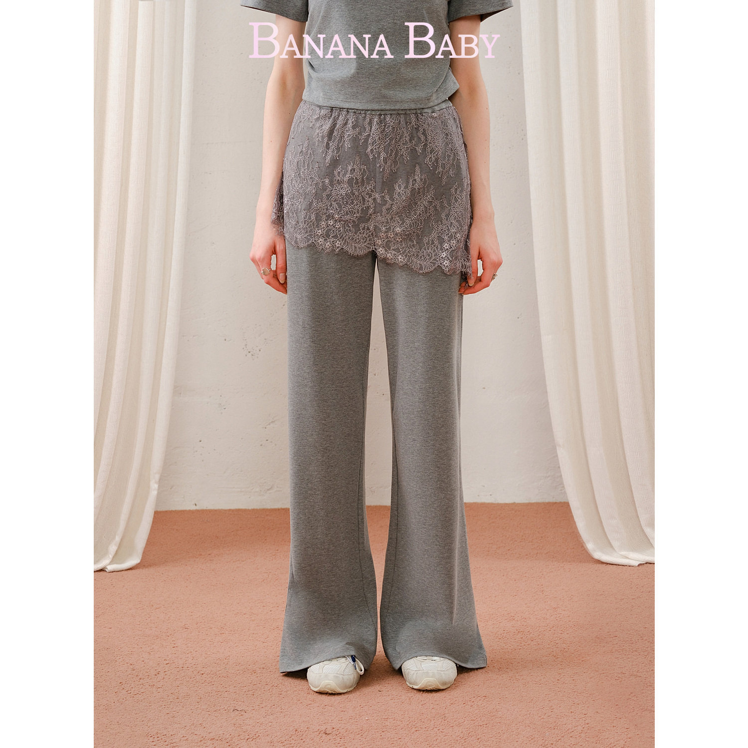 BANANA BABY2026年秋季新款韩系蕾丝裙帘休闲裤女垂感微喇裤长裤