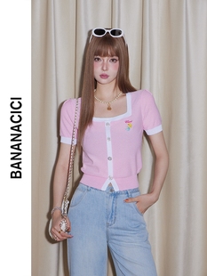 CICI清仓特卖夏季小香风方领美人鱼绣花撞色短袖女修身薄针织衫