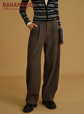 BANANA CICI2025年冬季新款高腰阔腿休闲通勤灰色毛呢西裤女长裤