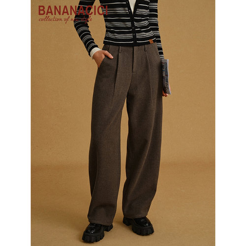 BANANA CICI2025年冬季新款高腰阔腿休闲通勤灰色毛呢西裤女长裤