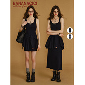 CICI2025年秋季 新款 屁帘开衫 BANANA 背心连衣裙套装 女方领两件套