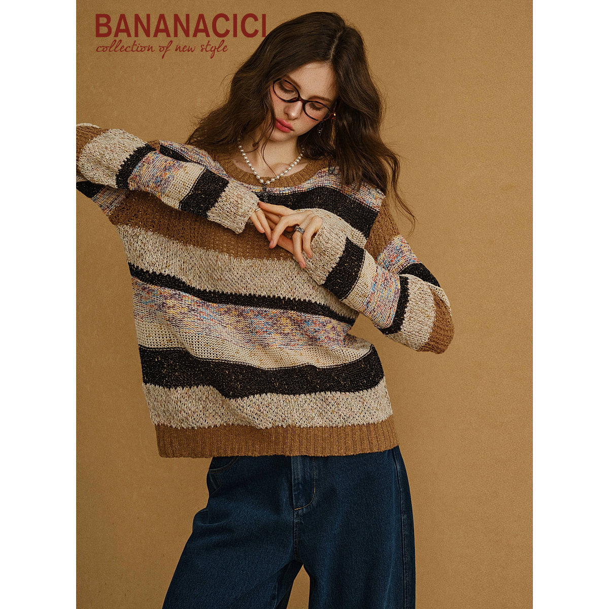 BANANA CICI2025年秋季新款特种纱设计感慵懒圆领条纹长袖针织衫,女装/女士精品,毛针织衫,淘宝优惠券,粉丝福利购,淘宝优惠卷