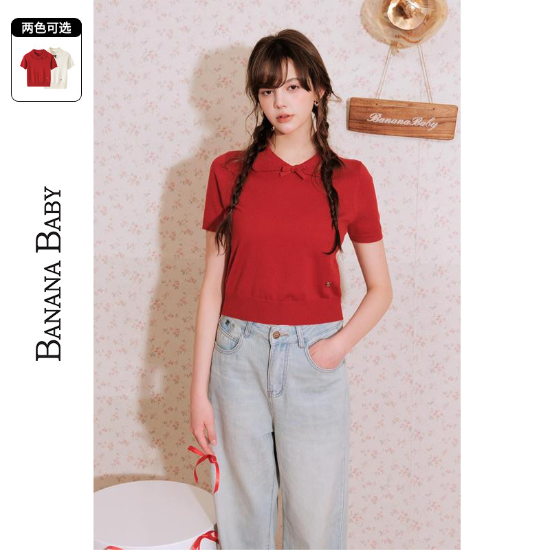 BANANA BABY2025年夏新款娃娃领甜美针织衫女蝴蝶结减龄短袖上衣
