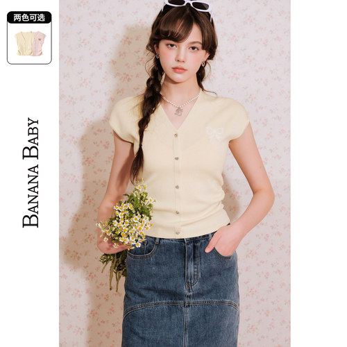 BANANA BABY2025年夏季新款蝴蝶结十字绣针织衫女显瘦v领短袖上衣