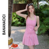 CICI清仓特卖抹胸两穿少女甜辣风百褶挂脖连衣裙潮