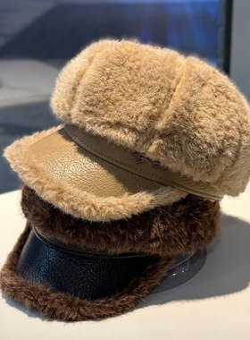 秋冬季保暖毛绒八角帽子女新款皮檐拼接复古时尚显脸小百搭画家帽