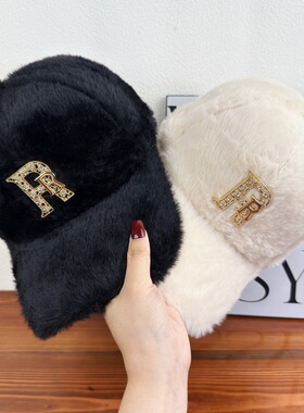 黑色帽子女鸭舌帽女毛绒秋冬季保暖冬帽男款显脸小双R烫钻棒球帽