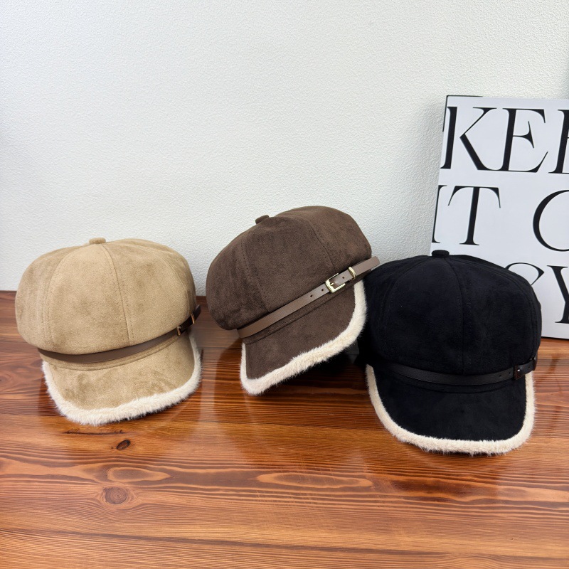 毛绒边八角帽子女秋冬逛街百搭画