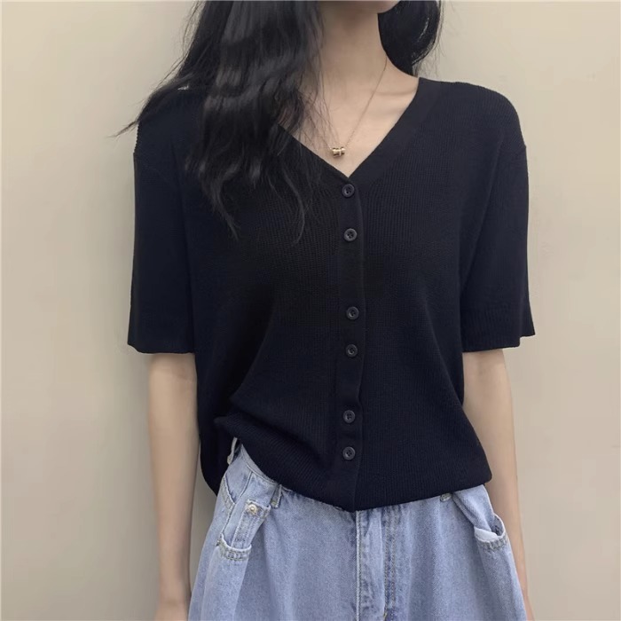 2024夏季新款冰丝黑色上衣显瘦V领针织衫开衫短袖t恤女ins潮
