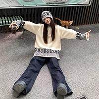 撞色提花图案长袖针织衫女2024新款秋季宽松中长款时尚超好看上衣