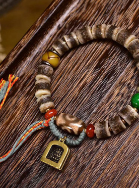 藏传牦牛骨多宝镶嵌盘珠手串单圈药师玛瑙八卦回流骨文玩佛珠手链