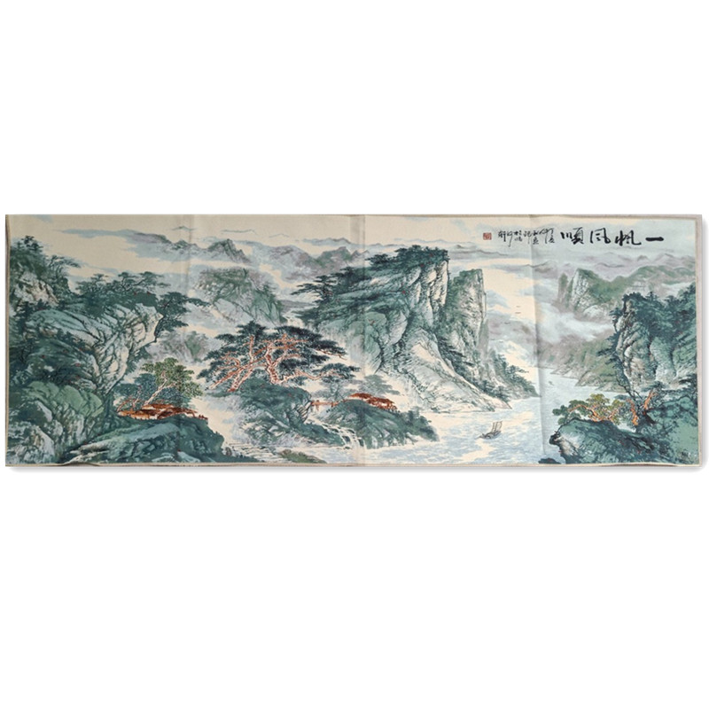 新中式刺绣卧室客厅风景山水背景墙装饰画壁画织锦绣成品一帆风顺图片