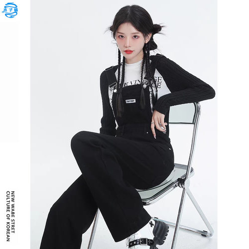 黑色高腰显瘦牛仔背带裤女