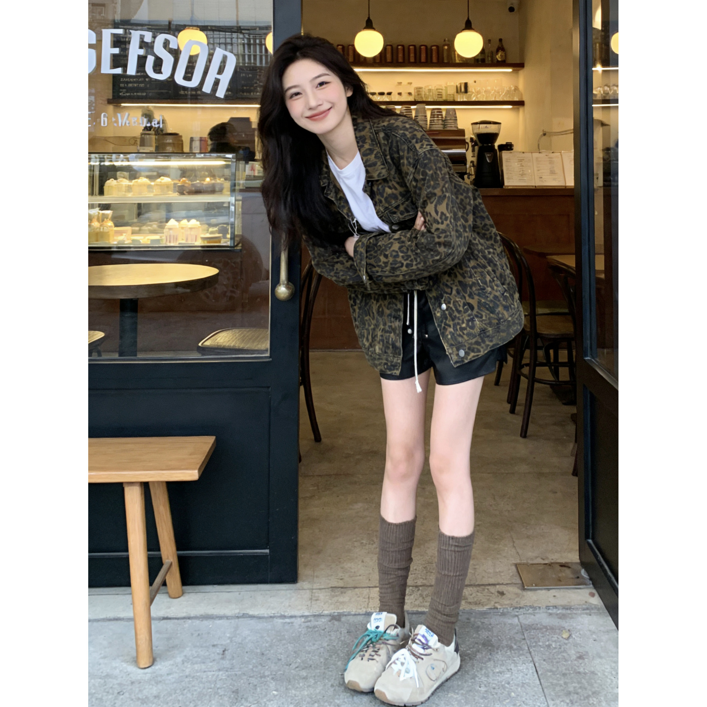美式复古豹纹宽松牛仔外套女