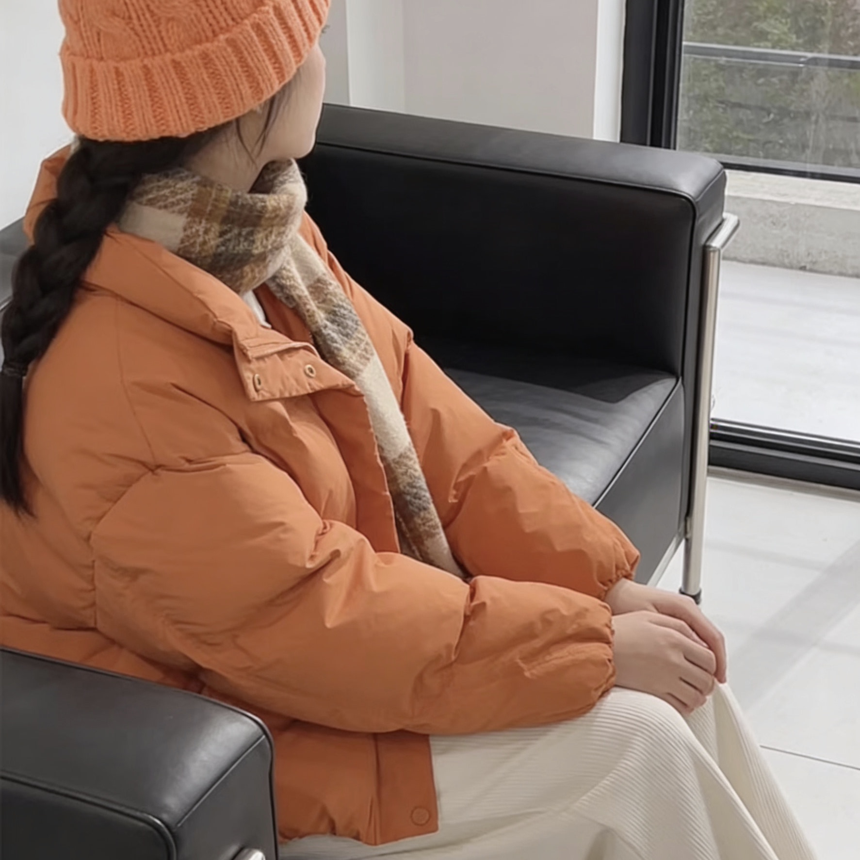 南瓜橘短款羽绒棉服女加绒加厚