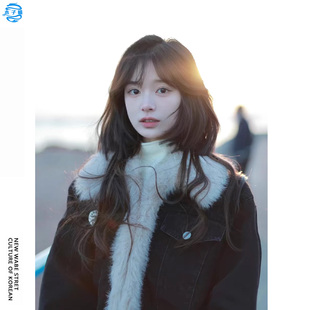 黑色小个子牛仔羊羔毛外套女加绒加厚冬季氛围感穿搭小香风棉服潮