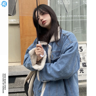 日系慵懒风加绒加厚牛仔羊羔绒外套女2025秋冬季新款宽松保暖棉服