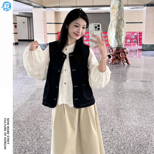 慵懒风圆领可爱温柔牛仔马甲女