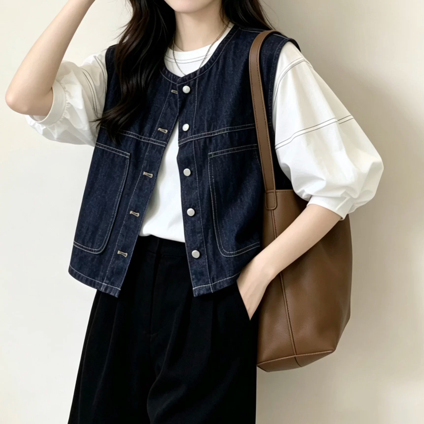 深蓝明线复古牛仔马甲女春秋外搭