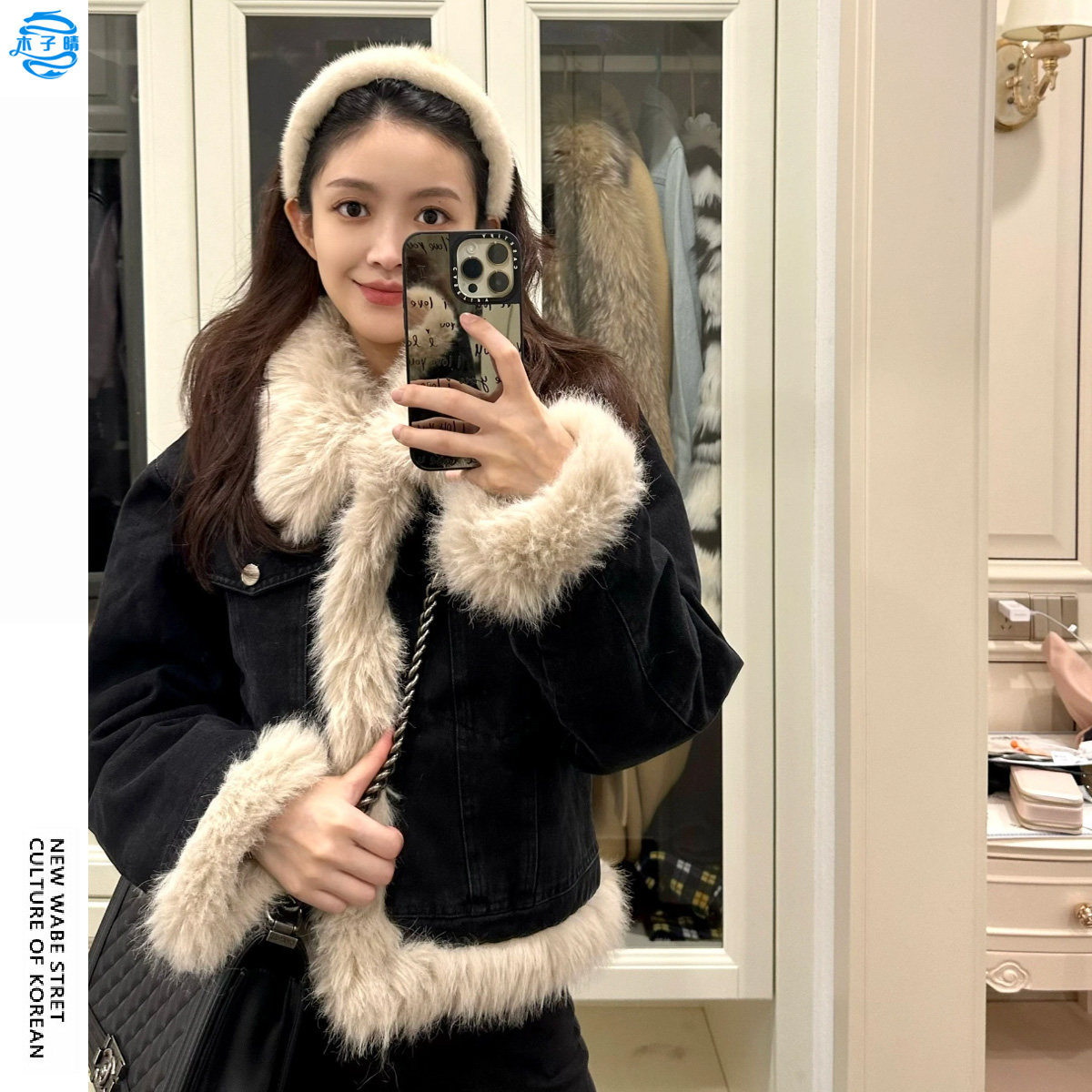 黑色高级感复古拼接羊羔绒外套女