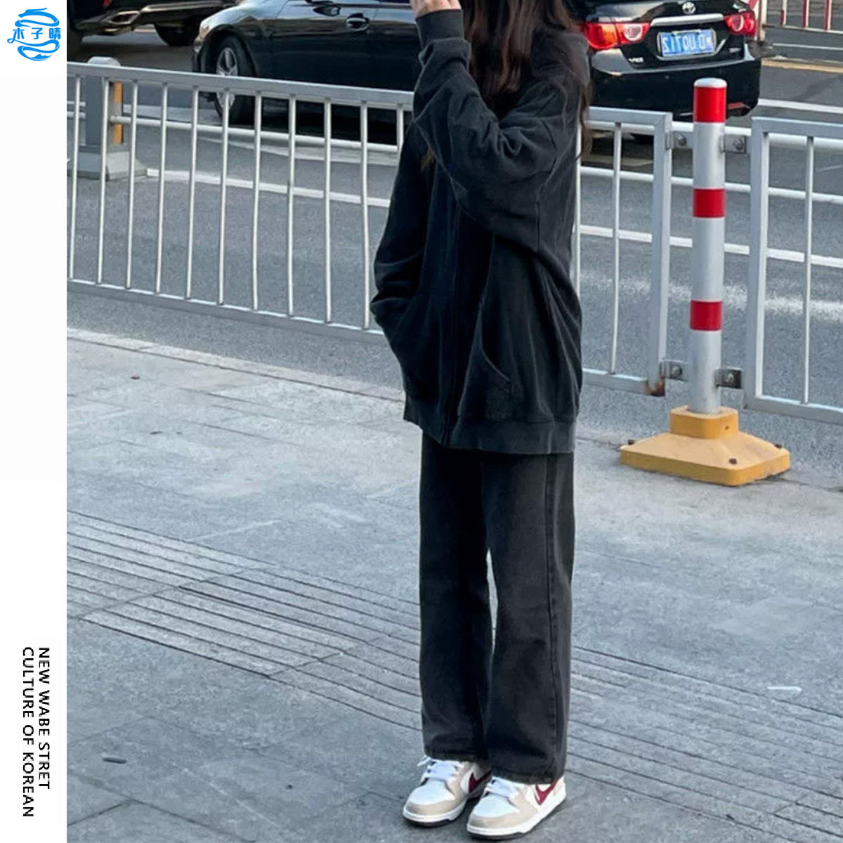 黑灰色直筒休闲牛仔裤女秋冬季小个子加绒加厚中学生阔腿裤子潮流