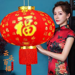 新年大红灯笼长杆春节过年植绒布挂饰阳台户外大门口喜庆装饰灯笼