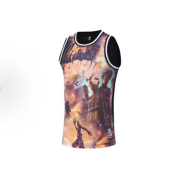 李宁篮球系列字母满印圆领宽松篮球衣男款彩色照片印黑色AAYU103