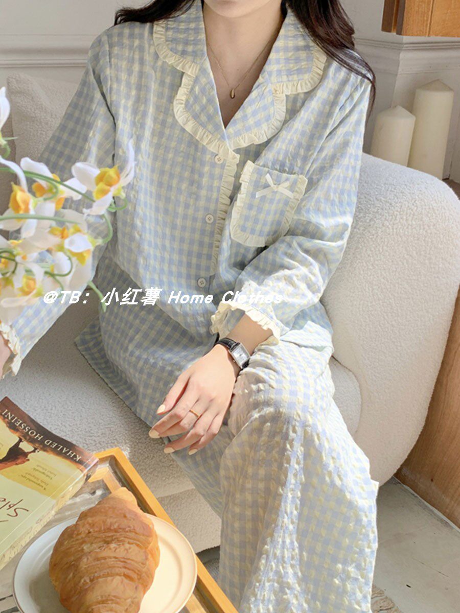여성 봄 가을 긴팔 바지 인터넷 연예인을 위한 한국어 INS 달콤한 간단한 격자 무늬 잠옷은 집 밖에서 입을 수 있습니다 옷 세트