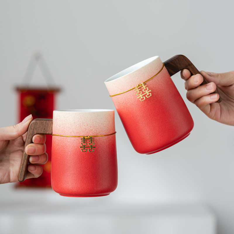 结婚漱口杯刷牙杯洗漱杯情侣一对婚庆红色新婚杯子陶瓷陪嫁用品