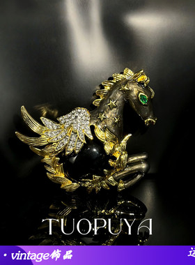 新款vintage复古设计黑色珐琅马头胸针镶钻高级大气别针配饰全新-