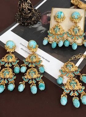 蓝色大扫肩耳钉耳夹项链电镀真金中古重工耳环毛衣链厂家直播货源