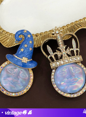 电镀真金中古做旧蓝色珐琅草帽皇冠胸针彩色莱茵宝石礼服西服别针