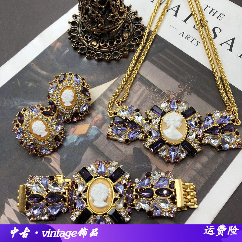 西洋中古人头像浮雕项饰耳环手链镶钻高级编织链手链项链耳钉套装