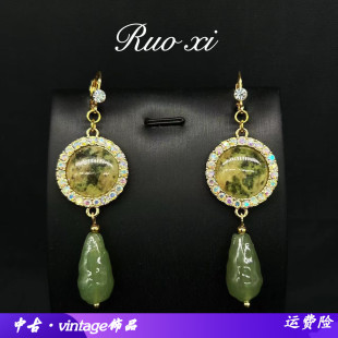 耳环中古vintage绿色水滴复古高级感宫廷风耳饰 小清晰国潮新中式