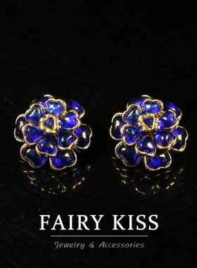 简约精致多层琉璃镶嵌蓝色山茶花耳钉高级感气质百搭优雅饰品