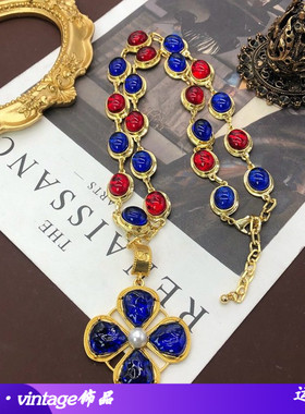 欧美复古彩色琉璃项链蓝色四叶花