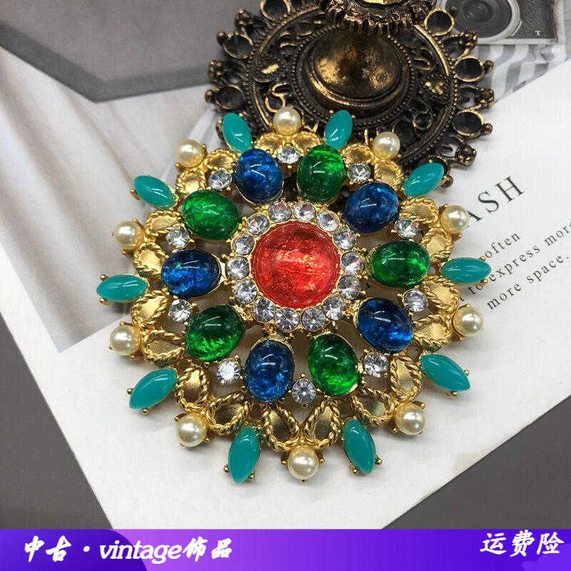 双层彩宝仿琉璃圆形胸针中古重工