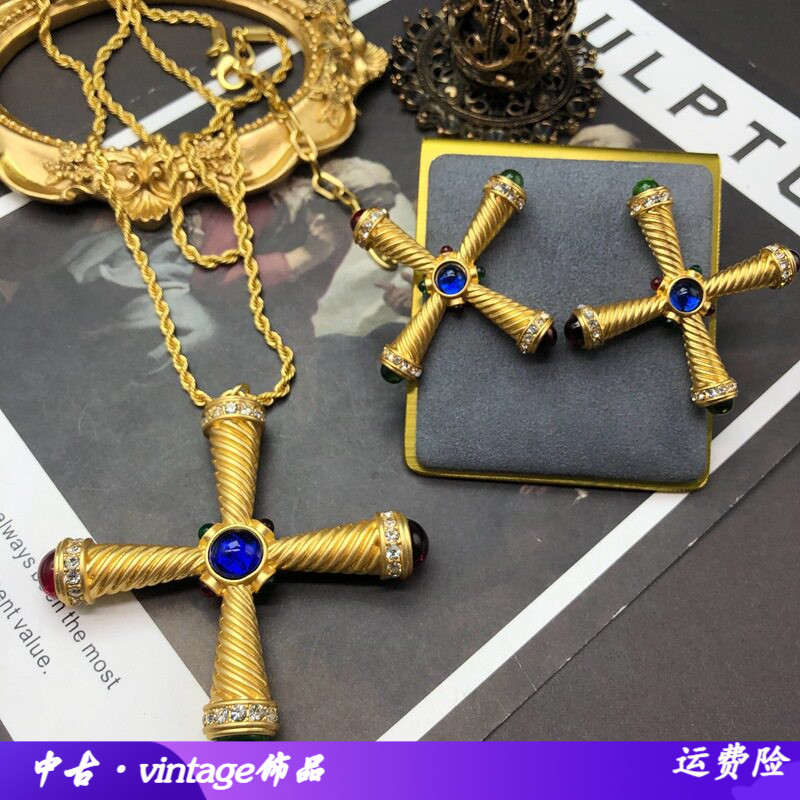西洋中古镀真金中长款项链耳坠镶
