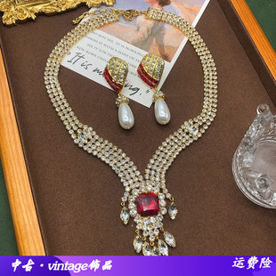 西洋中古新款夸张红色宝石钻复古项链耳环套装个性潮流锁骨链女