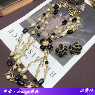 轻奢高级感中古vintage饰品套装多层珍珠石头项链山茶花耳钉百搭