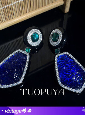 气质精致莱茵石镶嵌蓝色树脂耳坠黑色珐琅设计几何耳钉