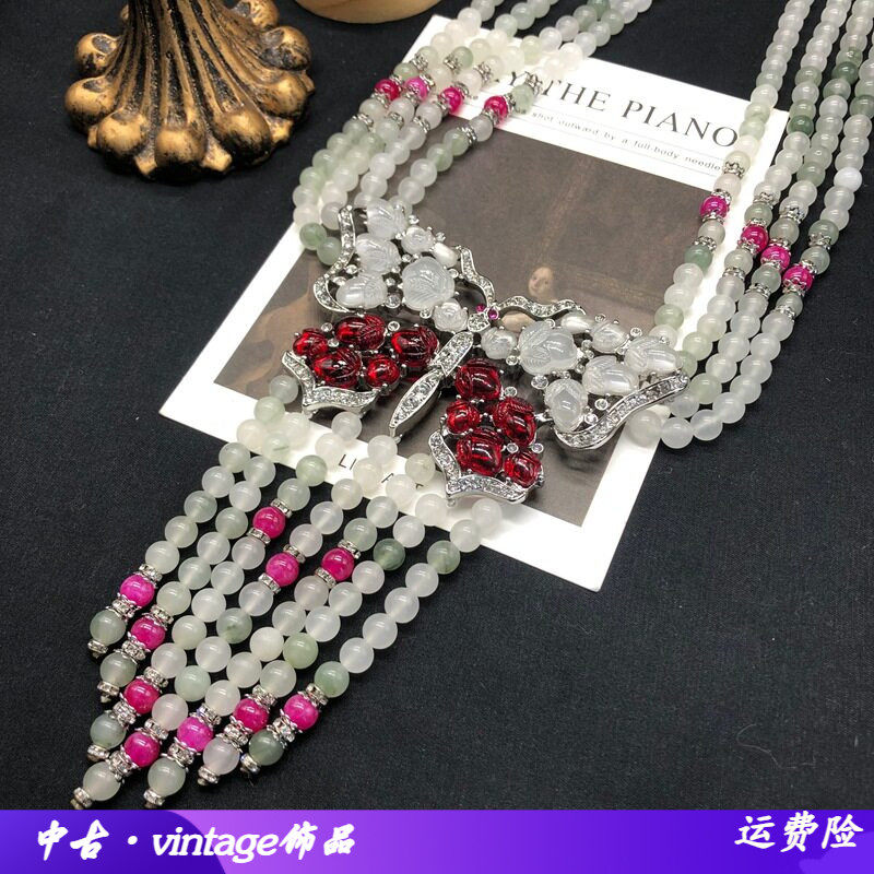 中古首饰设计感百搭气质时尚精致优雅多层石头串珠项链胡吊坠流苏